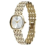 Titan 95421YM01 Raga Spotlight women's watch with white dial and golden metal strap, angled view showing the bracelet