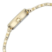 Titan 95421YM01 Raga Spotlight women's watch with white dial and golden metal strap, side profile showing the case and strap