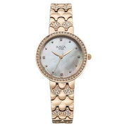Titan 95422WM01 Raga watch front view with white dial and rose gold metal strap