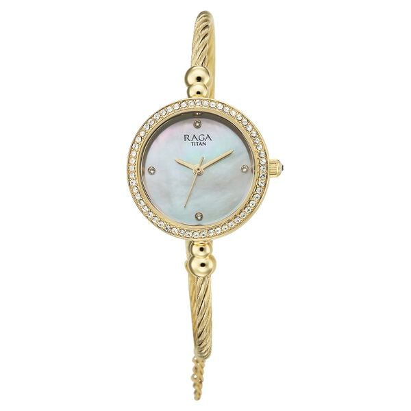 Titan 95425YM01 Raga Spotlight Quartz Analog Watch with White Dial and Gold Metal Strap for Women 27mm