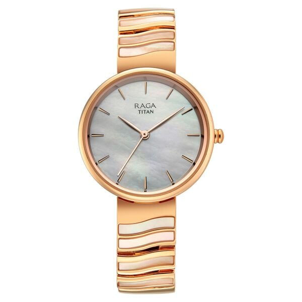 Titan 95426WM01 Raga Spotlight Quartz Analog Watch with White Dial and Rose Gold Metal Strap for Women 30mm