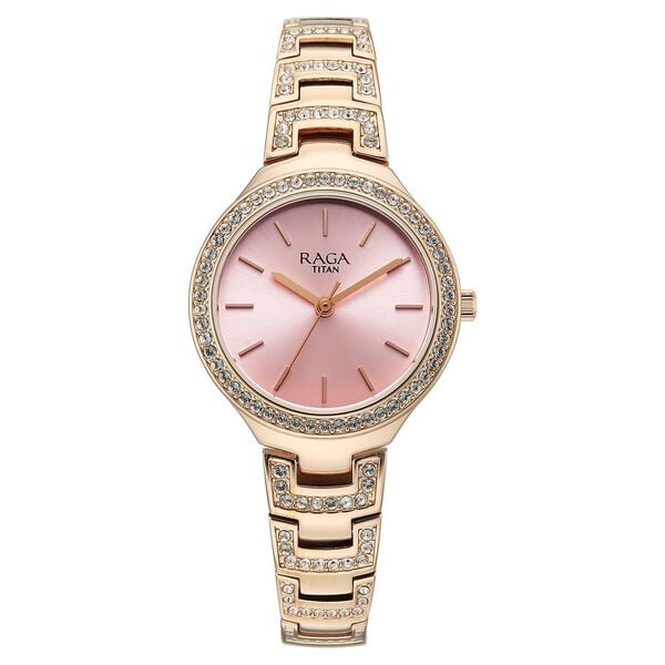 Titan 95428WM01 Raga Spotlight Quartz Analog Watch with Pink Dial and Rose Gold Metal Strap for Women 30mm