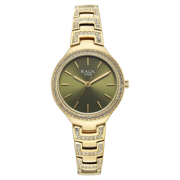 Titan 95428YM01 Raga Spotlight Quartz Analog Watch with Green Dial and Golden Metal Strap for Women 30mm
