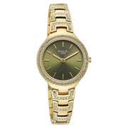 Titan 95428YM01 Raga watch front view showing the green dial and gold-tone bracelet