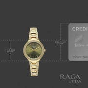 Titan 95428YM01 Raga watch case-size illustration for the green dial gold-tone watch
