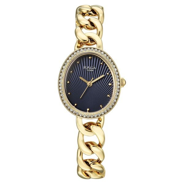 Titan 95429YM01 Raga Spotlight Quartz Analog Watch with Blue Dial and Golden Metal Strap for Women 26mm
