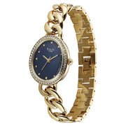 Titan 95429YM01 Raga Spotlight women's watch with blue dial and golden metal strap, angled view showing the oval case and bracelet