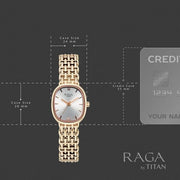 Titan 95430WM01 Raga Spotlight women's watch with silver dial and rose gold metal strap, watch detail