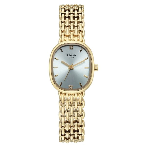 Titan 95430YM01 Raga Spotlight Quartz Analog Watch with Blue Dial and Gold Metal Strap for Women 24mm