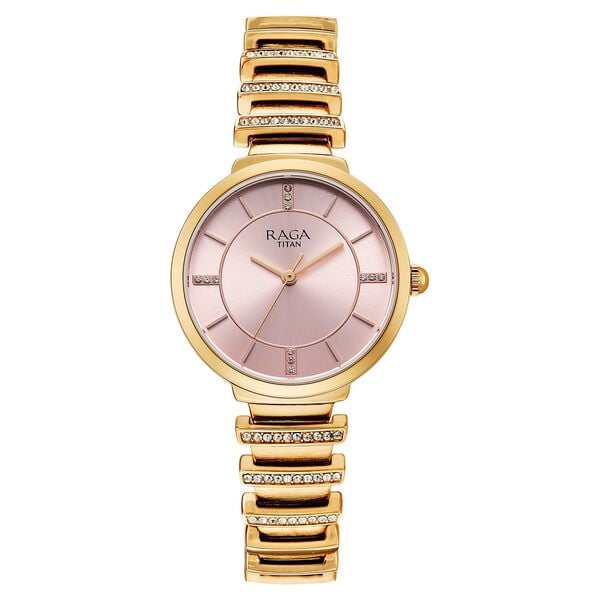 Titan 95431WM01 Raga Spotlight Quartz Analog Watch with Pink Dial and Rose Gold Metal Strap for Women 30mm