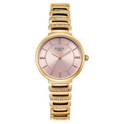 Titan 95431WM01 Raga watch front view with pink dial and rose gold metal strap