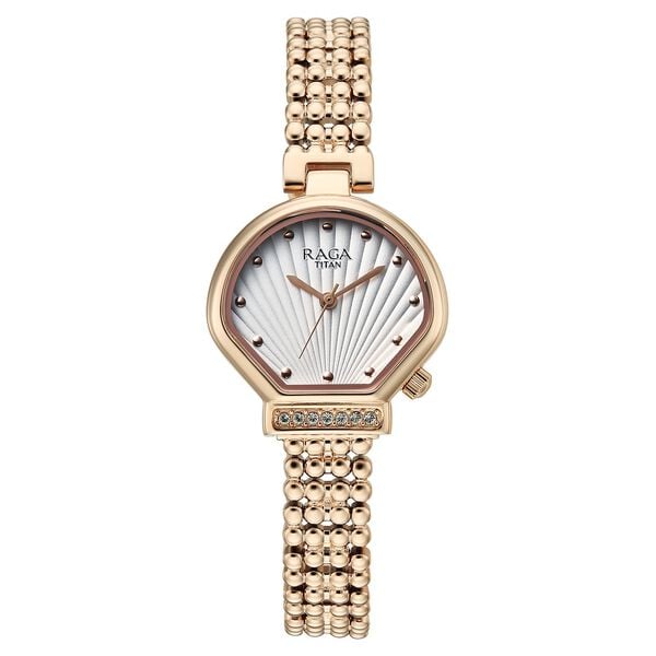 Titan 95432WM01 Raga Spotlight Quartz Analog Watch with White Dial and Rose Gold Metal Strap for Women 27mm