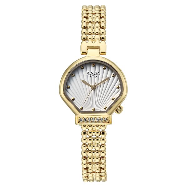Titan 95432YM01 Raga Spotlight Quartz Analog Watch with White Dial and Golden Metal Strap for Women 27mm