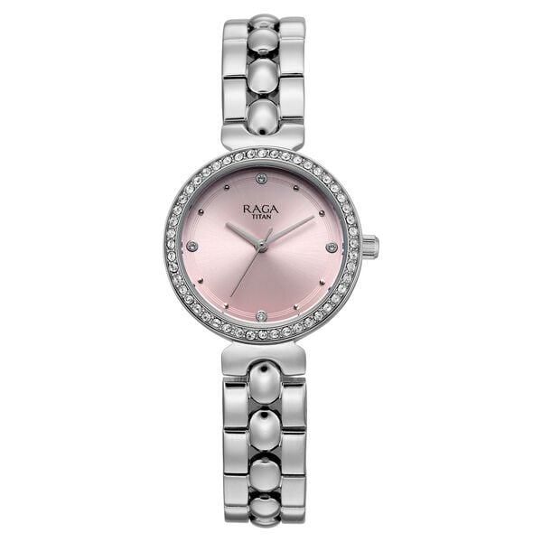 Titan 95459SM01 Raga Showstopper Quartz Analog Watch with Pink Dial and Silver Metal Strap for Women 28mm
