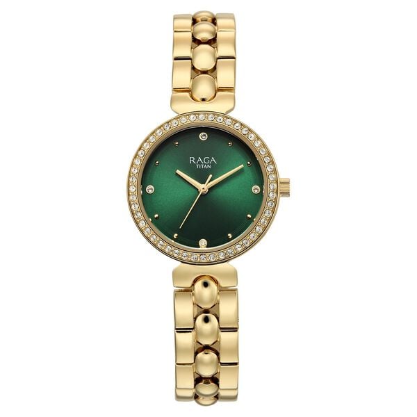 Titan 95459YM01 Raga Showstopper Quartz Analog Watch with Green Dial and Golden Metal Strap for Women 28mm
