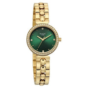 Titan 95459YM01 Raga watch front view showing the green dial and gold-tone bracelet