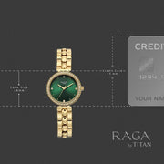Titan 95459YM01 Raga watch case-size illustration for the green dial gold-tone watch