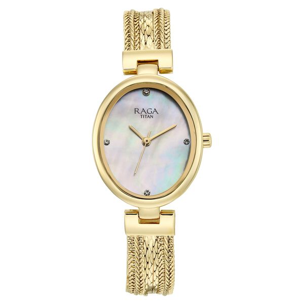 Titan 95462YM01 Raga Showstopper Quartz Analog Watch with Mother of Pearl Dial and Golden Metal Strap for Women 26mm