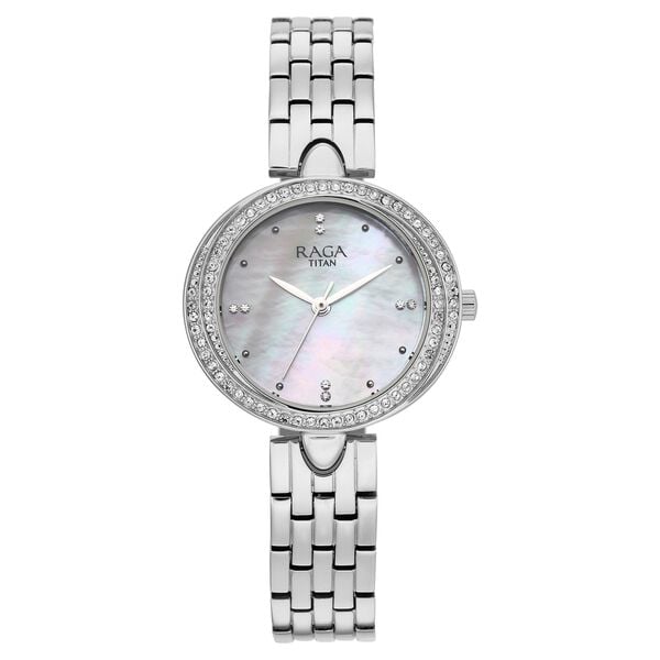 Titan 95463SM01 Raga Showstopper Quartz Analog Watch with Mother of Pearl Dial and Silver Metal Strap for Women 31mm