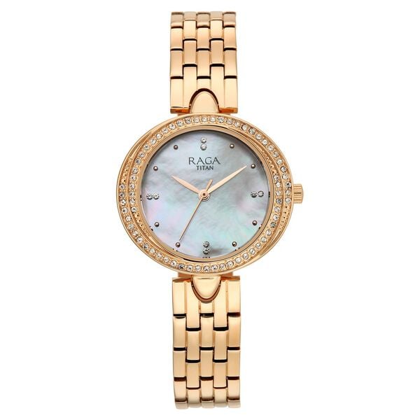 Titan 95463WM01 Raga Showstopper Quartz Analog Watch with Mother of Pearl Dial and Rose Gold Metal Strap for Women 31mm