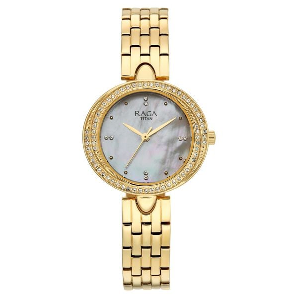 Titan 95463YM01 Raga Showstopper Quartz Analog Watch with Mother of Pearl Dial and Golden Metal Strap for Women 31mm