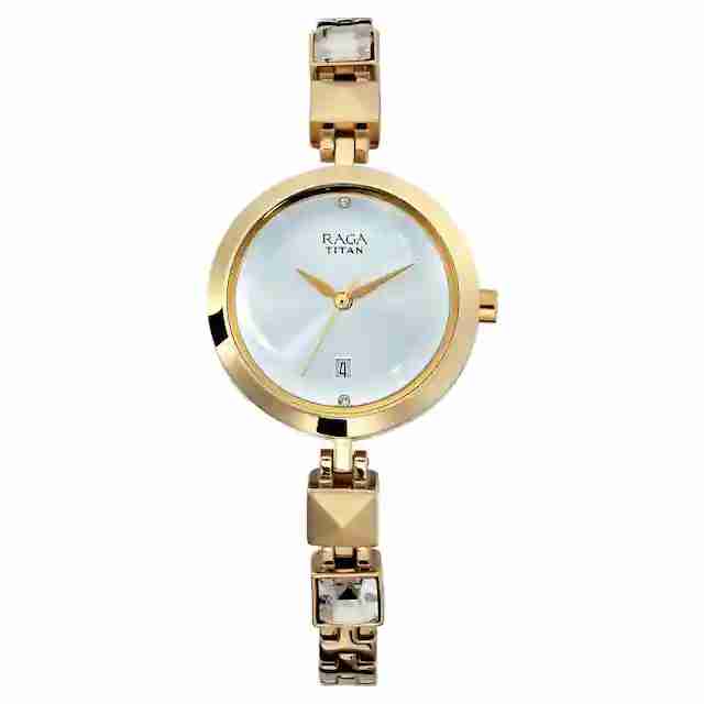 Titan 2606YM01 Raga Viva Silver Dial Quartz Analog Watch with Date Golden Metal Strap for Women 28mm