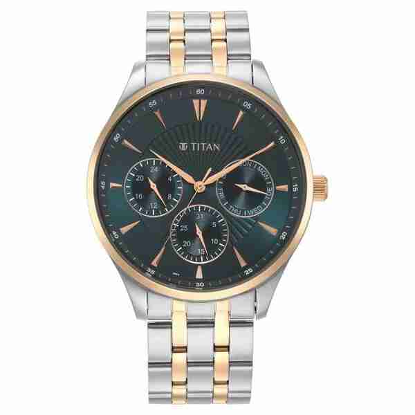 Titan 90127KM02 Opulent III Blue Dial Quartz Multifunction Watch with Two-Tone Stainless Steel Strap for Men 42mm