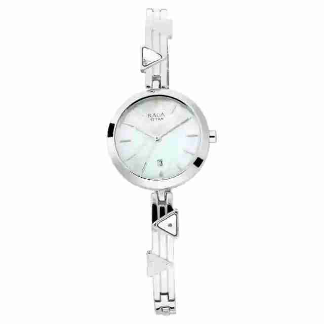 Titan 2606SM03 Raga Viva Mother of Pearl Dial Quartz Analog Watch with Date Silver Metal Strap for Women 28mm