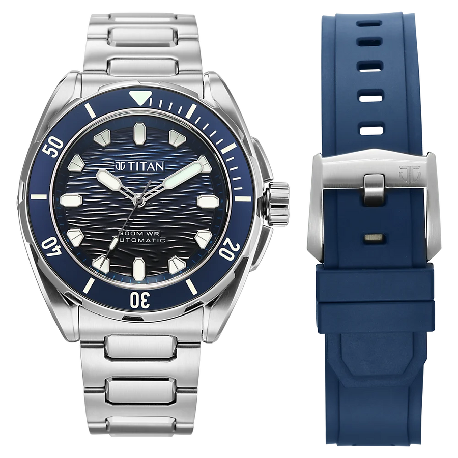 Titan 10069KM01 Zero Hour Diver's 300M Blue Dial Automatic Silver Stainless Steel Watch for Men 44.2mm