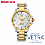 Titan 10076BM04 men's Vetra automatic watch with white dial and multicoloured stainless steel strap, front product view
