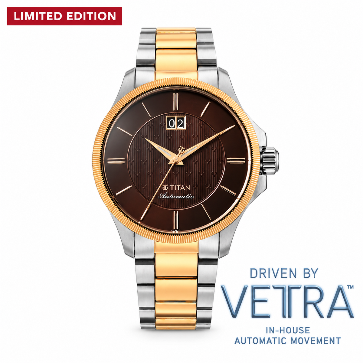 Titan 10076KM03 Vetra Limited Edition Midnite Big Date Automatic Analog Watch with Brown Dial and Multicoloured Stainless Steel Strap for Men 42mm