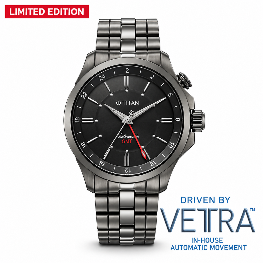 Titan 10076QM01 Vetra Limited Edition Dualis GMT Automatic Analog Watch with Black Dial and Grey Stainless Steel Strap for Men 42mm