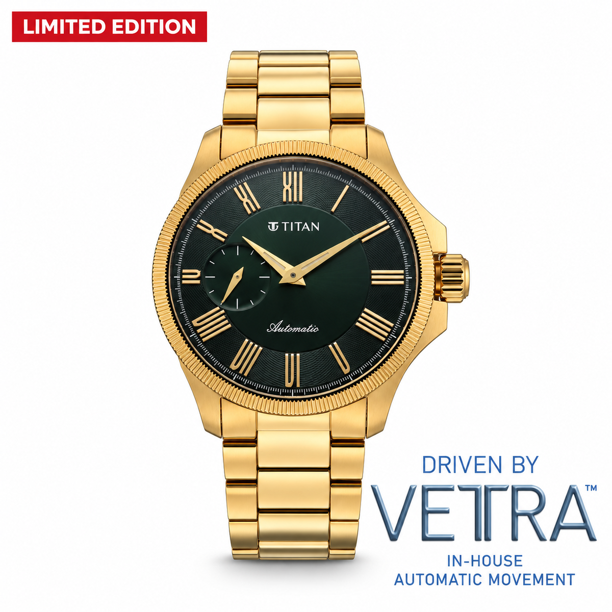 Titan 10076YM02 Vetra Limited Edition Atrium Offset Seconds Automatic Analog Watch with Green Dial and Golden Stainless Steel Strap for Men 42mm
