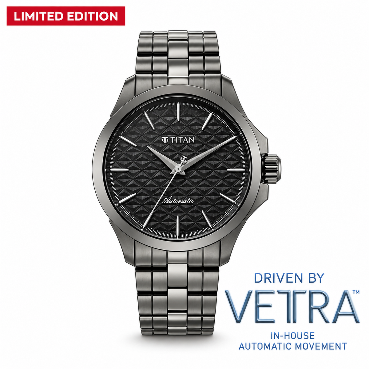 Titan 10077QM01 Vetra Limited Edition Infinium 72-Hour Power Reserve Automatic Analog Watch with Slate Grey Dial and Grey Stainless Steel Strap for Men 40mm