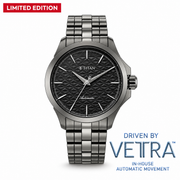 Titan 10077QM01 men's Vetra automatic watch with slate grey dial and grey stainless steel strap, front product view