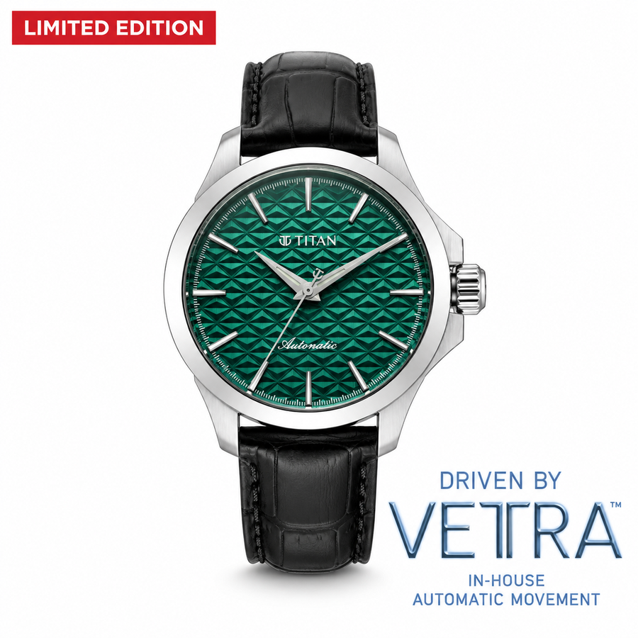 Titan 10077SL03 Vetra Limited Edition Infinium 72-Hour Power Reserve Automatic Analog Watch with Teal Dial and Black Leather Strap for Men 40mm