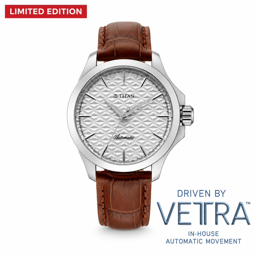 Titan 10077SL05 Vetra Limited Edition Infinium 72-Hour Power Reserve Automatic Analog Watch with White Dial and Brown Stainless Steel Strap for Men 40mm