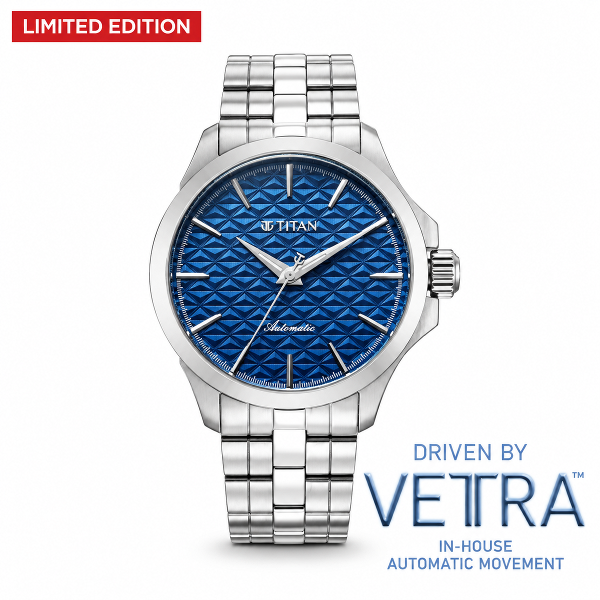 Titan 10077SM01 Vetra Limited Edition Infinium 72-Hour Power Reserve Automatic Analog Watch with Blue Dial and Silver Stainless Steel Strap for Men 40mm