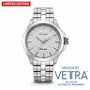 Titan 10077SM02 men's Vetra automatic watch with white dial and silver stainless steel strap, front product view