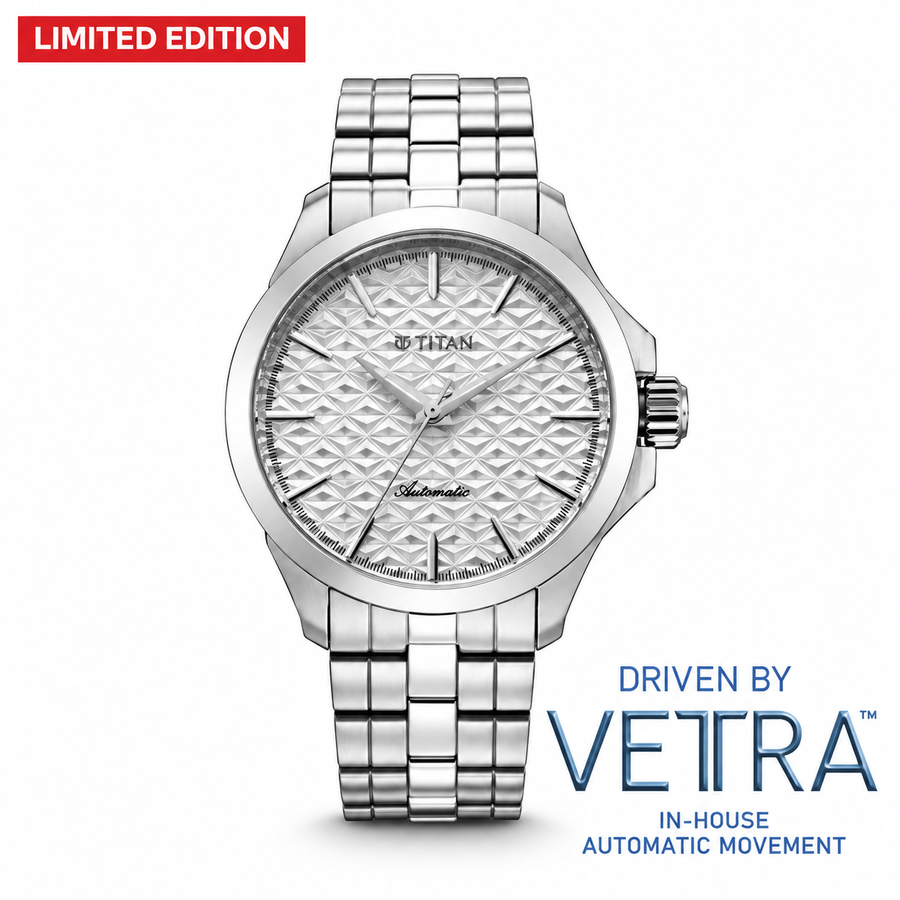 Titan 10077SM02 Vetra Limited Edition Infinium 72-Hour Power Reserve Automatic Analog Watch with White Dial and Silver Stainless Steel Strap for Men 40mm