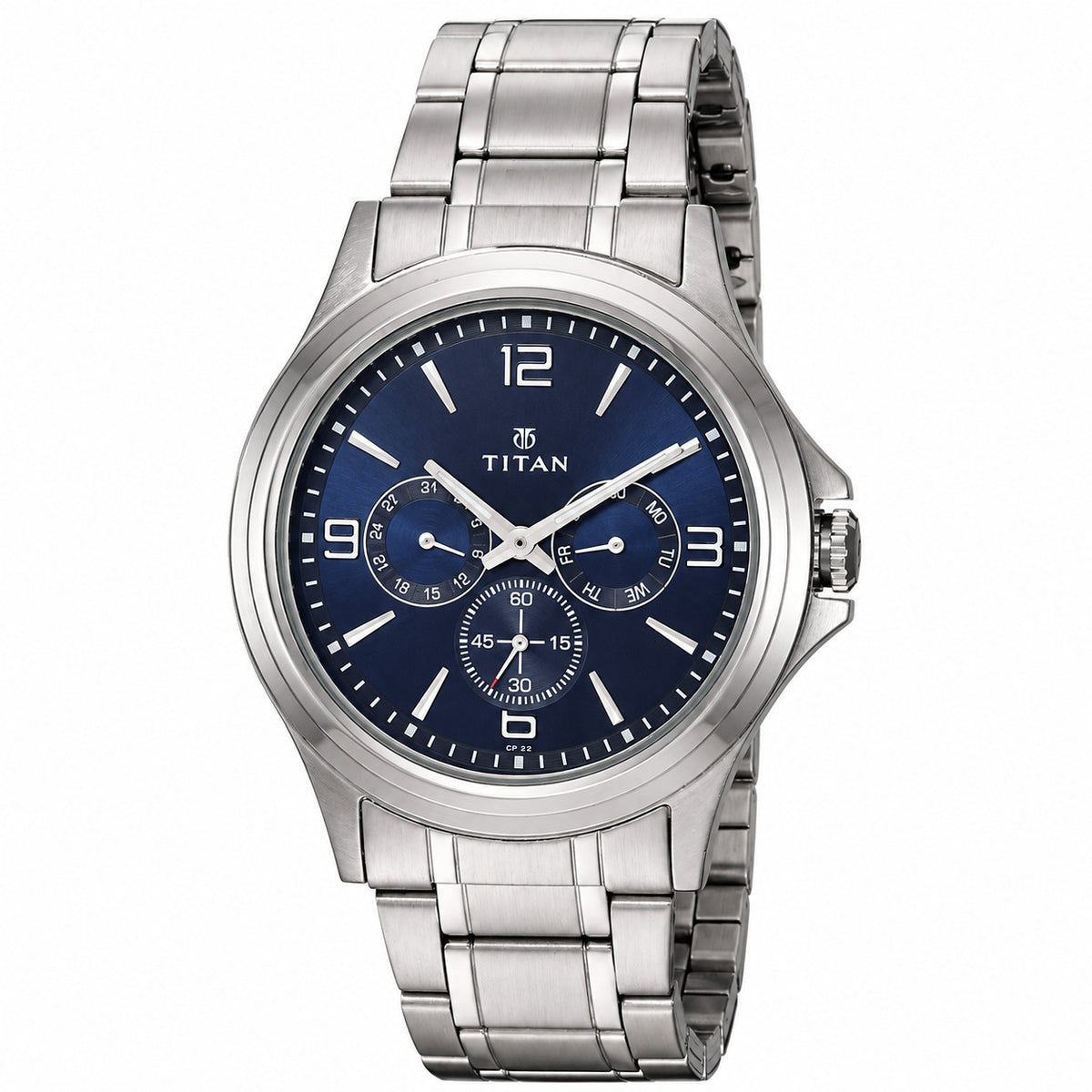Titan 1698SM02 Eco Multifunction Blue Dial Quartz Analog Stainless Steel Watch for Men 44.5mm