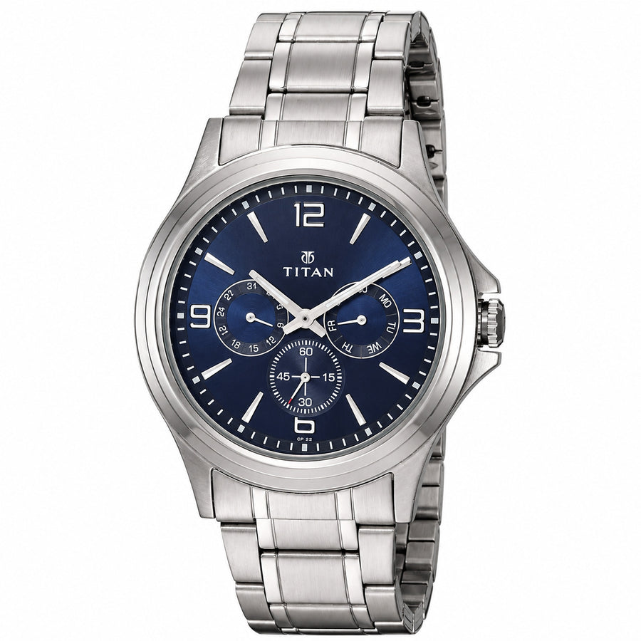 Titan 1698SM02 Eco Multifunction Blue Dial Quartz Analog Stainless Steel Watch for Men 44.5mm
