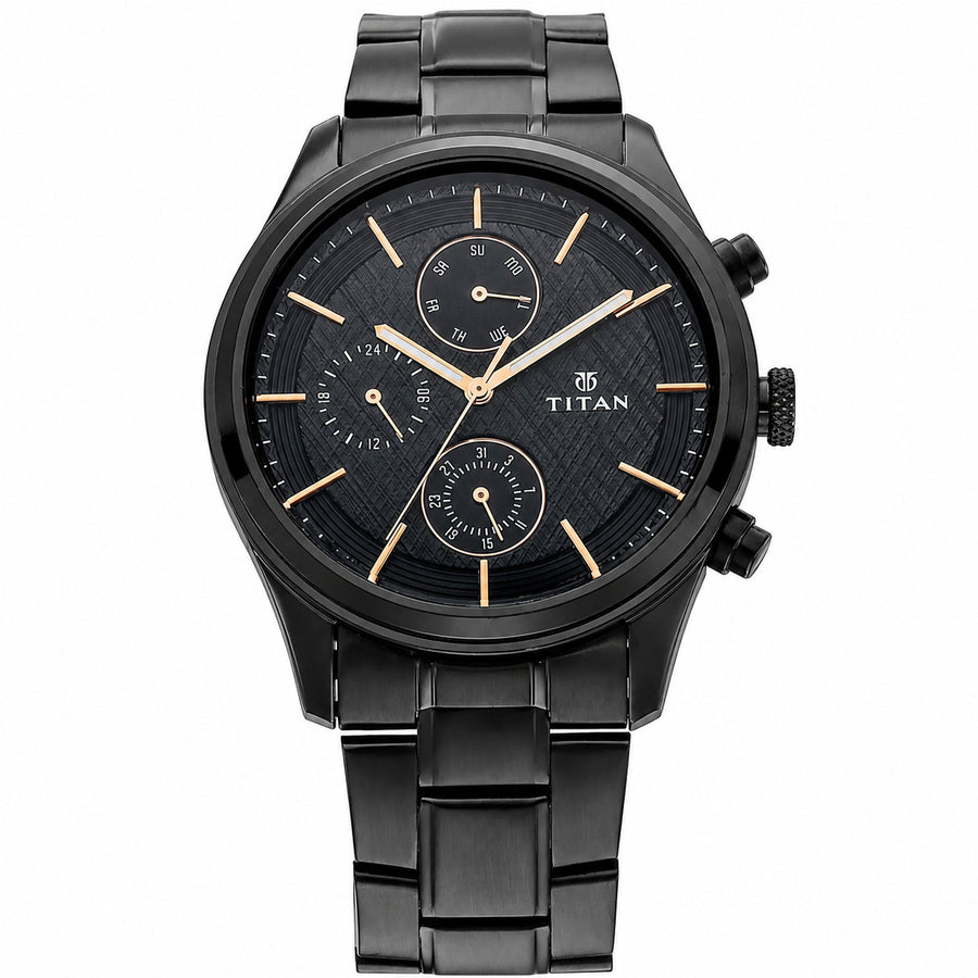 Titan 1805NM01 Workwear Multifunction Black Dial Quartz Analog Black Metal Strap Watch for Men 42mm