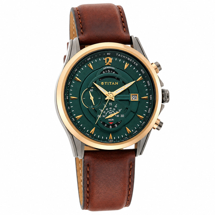 Titan 1830KL02 Maritime Green Dial Chronograph Leather Strap Watch for Men 46mm
