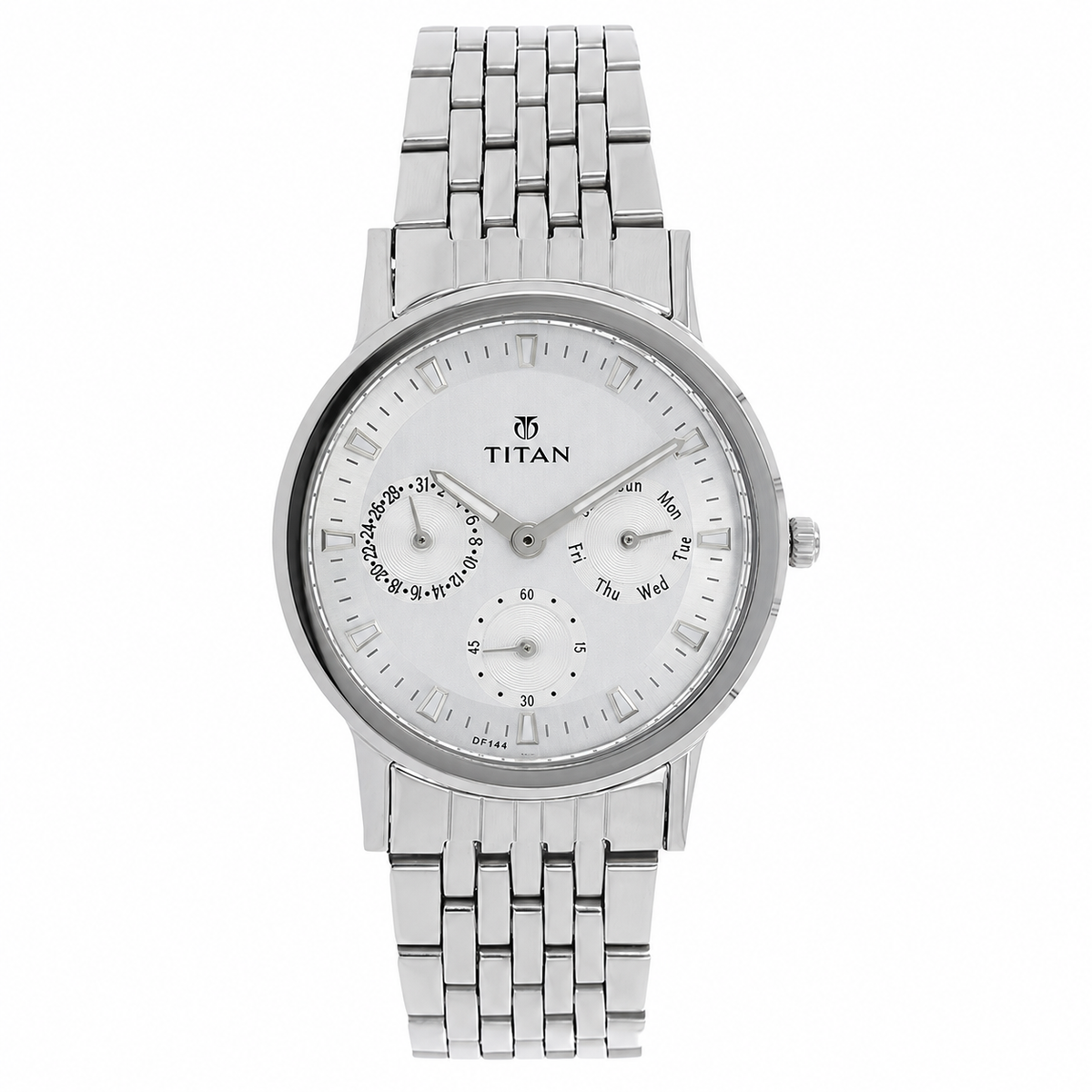 Titan 2557SM01 Eco Steel Silver Dial Quartz Analog Watch with Day & Date for Women 34mm