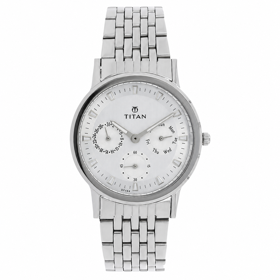 Titan 2557SM01 Eco Steel Silver Dial Quartz Analog Watch with Day & Date for Women 34mm