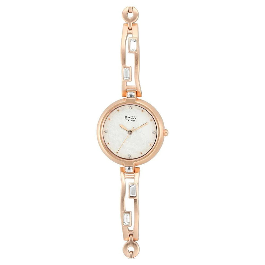 Titan 2581WM02 Raga I Am White Dial Quartz Analog Rose Gold Metal Strap Watch for Women 28mm