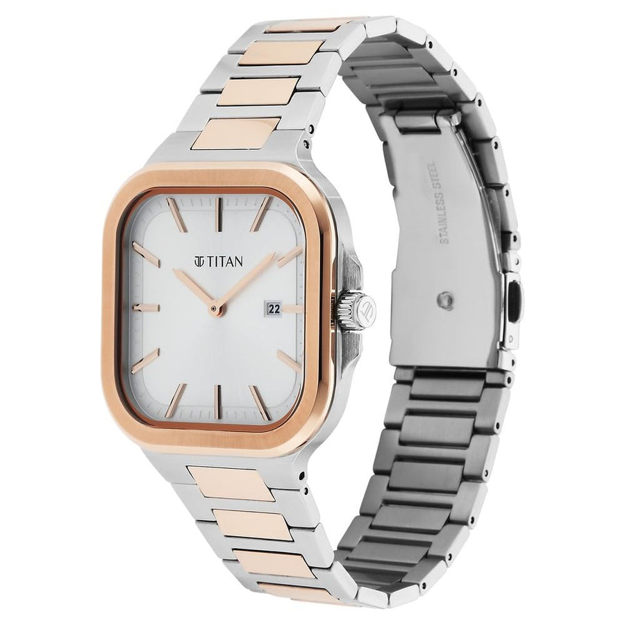 Titan 90176KM01 Classique Slim Square Silver Dial Two-Tone Stainless Steel Watch for Men 41mm