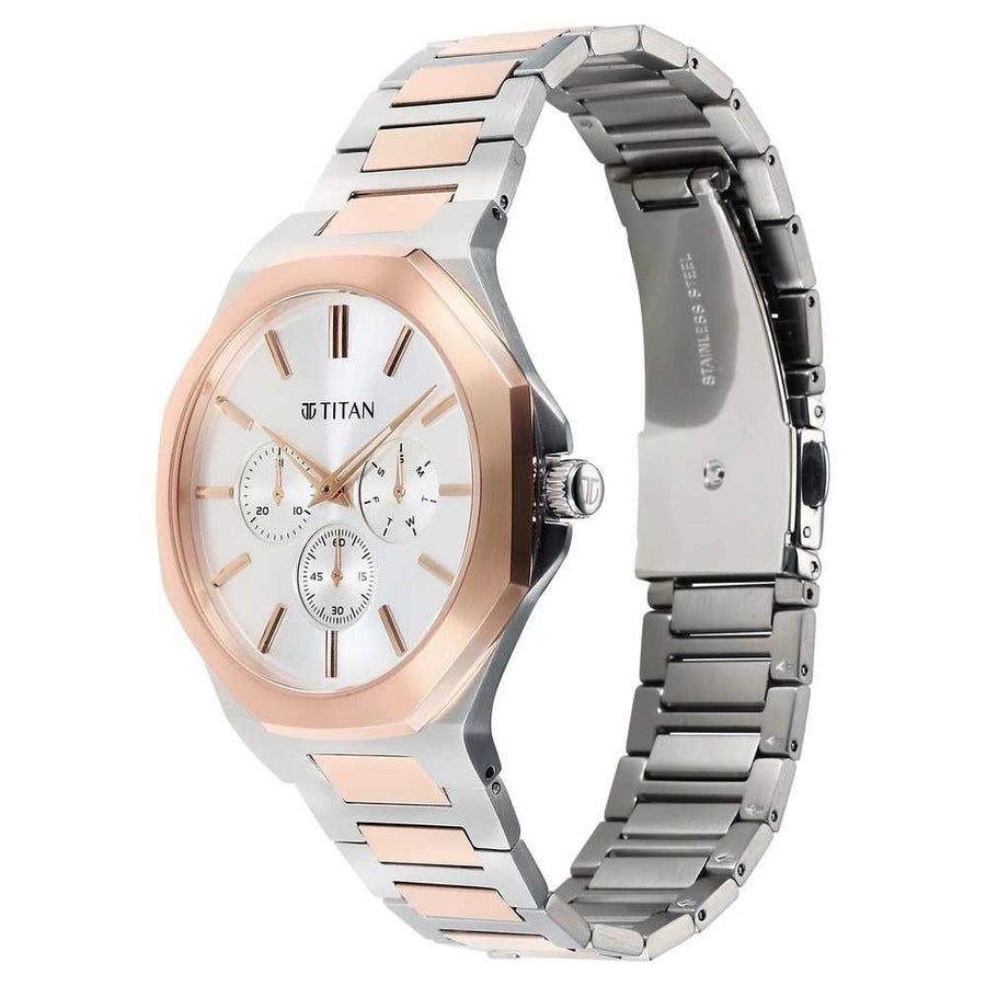 Titan 90198KM01 Classic Slim Multifunction Silver Dial Stainless Steel Watch for Men 44mm