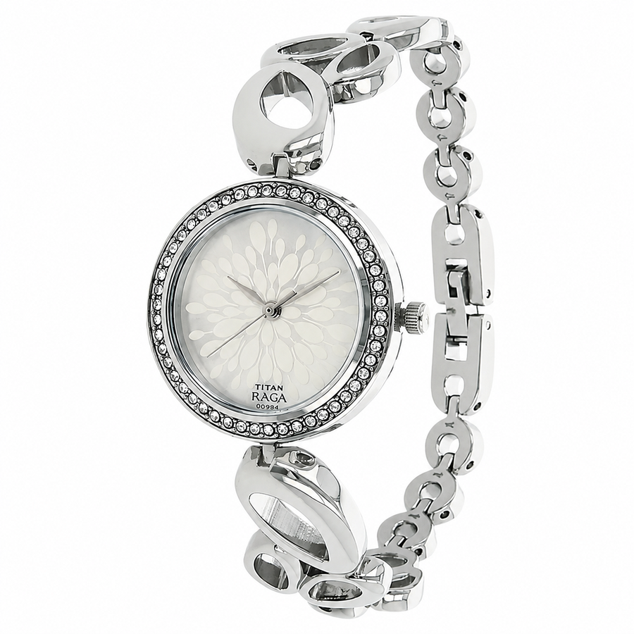 Titan 2539SM02 Raga Garden of Eden Pearly White Dial Quartz Analog Metal Strap Watch for Women 29mm